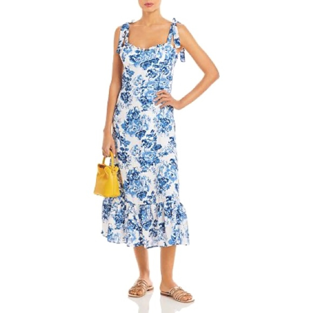 Aqua Toile De Jouy Sleeveless Floral Midi Dress